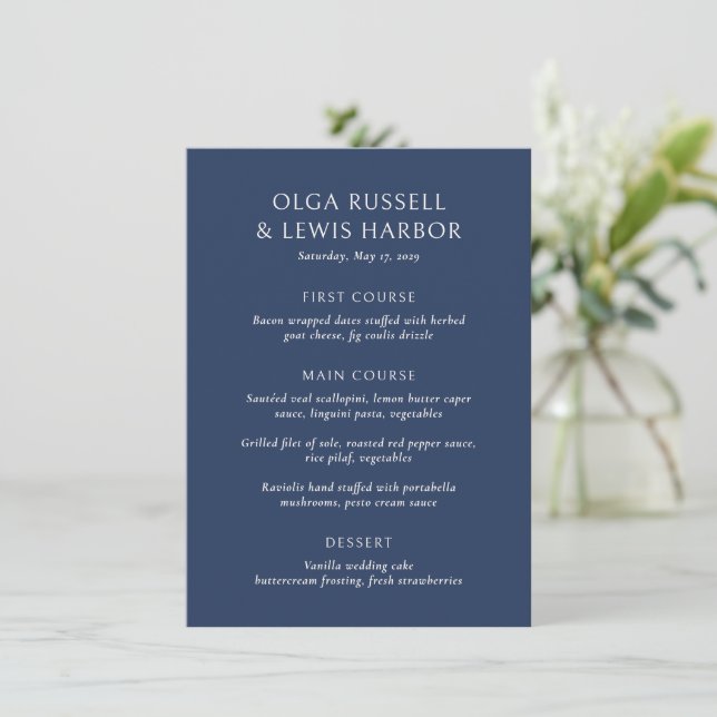 Menu Casamento Moderno Creme e Azul-Marinho Simples (Em pé/Frente)