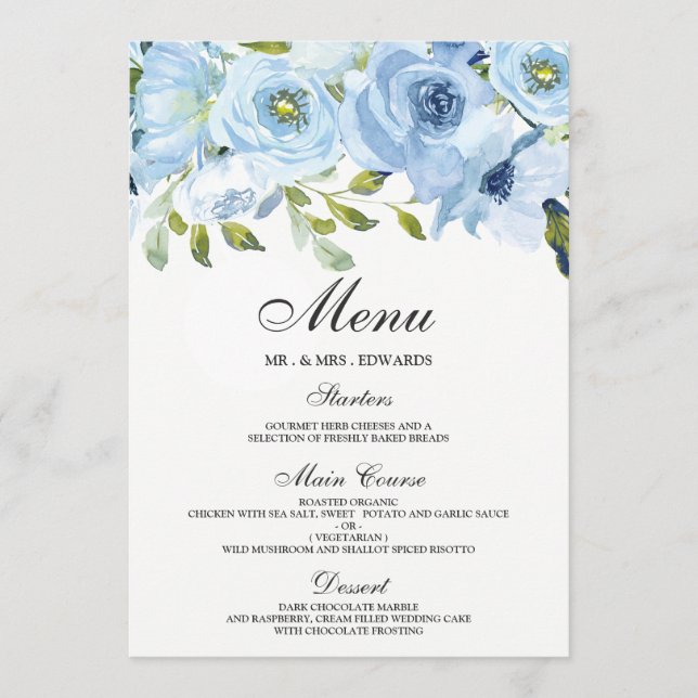 Menu Casamento Moderno das Flores de Água Azul Sky (Frente)