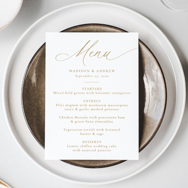 Menu Casamento Moderno de Caligrafia em Ouro Elegante (Criador carregado)