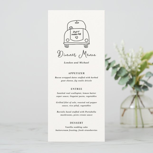 Menu Casamento Moderno de Porte de Carro Desenhado à Mã (Em pé/Frente)