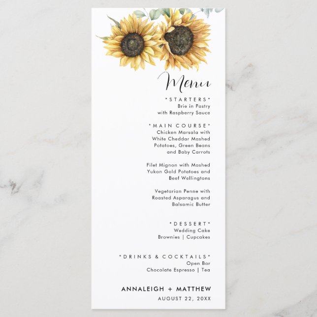 Menu Casamento Moderno de Sunflower Eucalyptus (Frente)