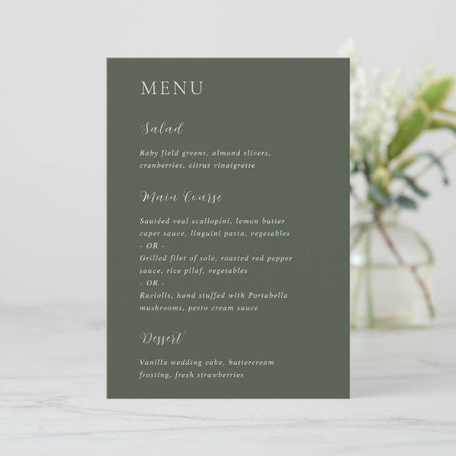 Menu Casamento Moderno de Verde Oliva Elegante (Em pé/Frente)