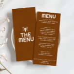 Menu Casamento Moderno do Bull Laranja Burnt Ocidental<br><div class="desc">Um cardápio de janto retro de casamento laranja queimado ocidental. Que apresenta design de modelo chic de boho vintage terracotta queimado fundo laranja e tipografia leitosa creme brilhante e menu em negrito. E desenhou à mão o crânio de vaca de touro tribal a oeste nas costas. Perfeito e compatível com...</div>