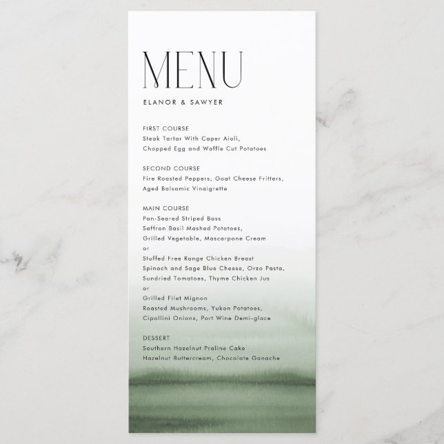 Menu Casamento Moderno do Ombre Verde Watercolor (Frente)