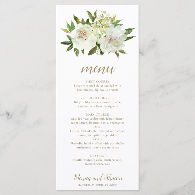 Menu Casamento Moderno Dourado Branco Elegante (Frente)