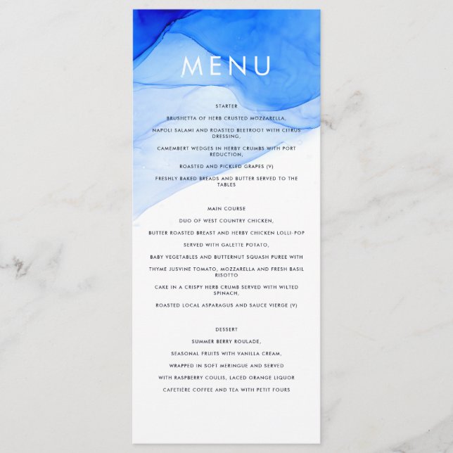 Menu casamento moderno e elegante azul e branco (Frente)