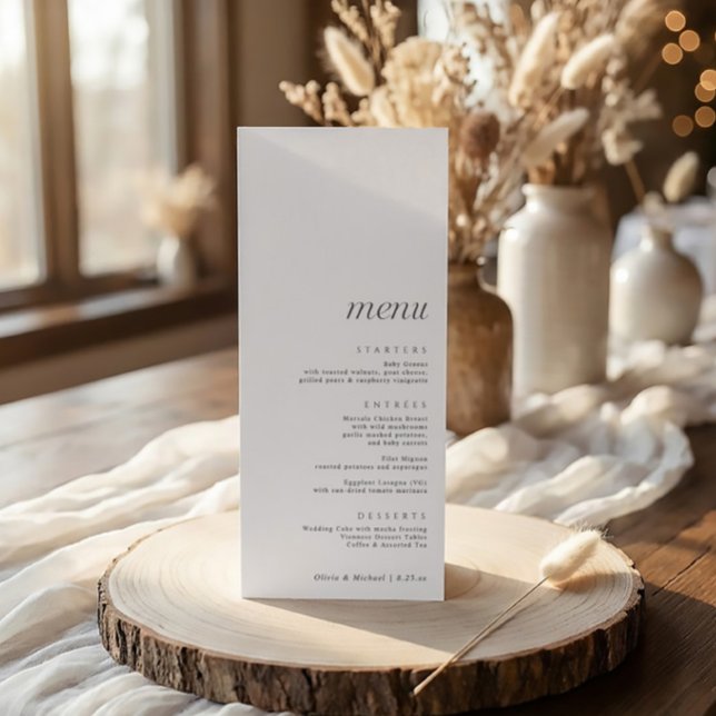 Menu Casamento Moderno e Elegante Simples com Agradecim (Modern minimalist wedding menu in black and white simple script)