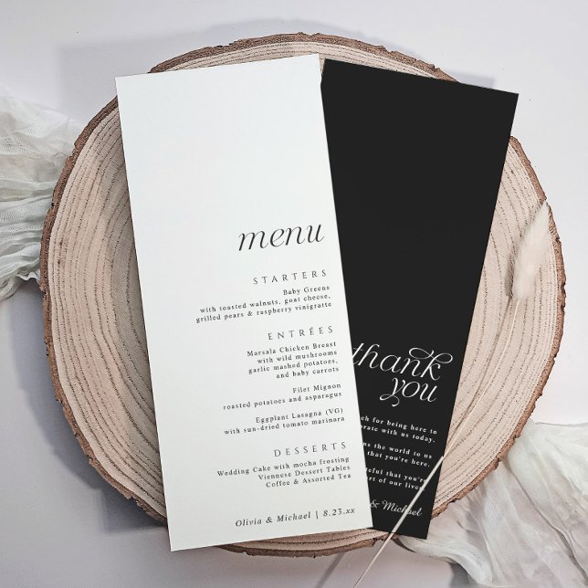 Menu Casamento Moderno e Elegante Simples com Agradecim (Simple modern wedding menu with thank you on the back.)
