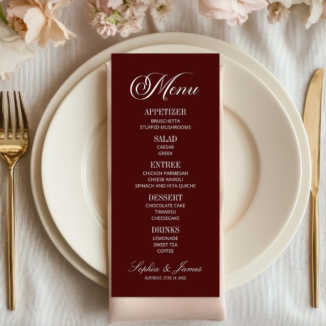Menu Casamento Moderno Elegante Burgundy Escuro (Criador carregado)
