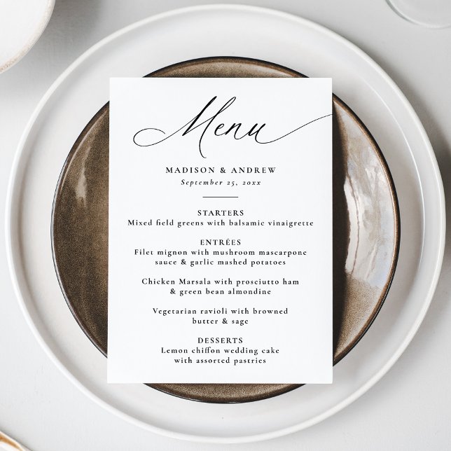 Menu Casamento Moderno Elegante Caligrafia Preta (Criador carregado)