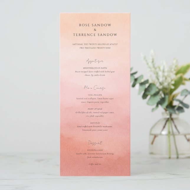 Menu Casamento Moderno Elegante Chic Coral Costeiro (Em pé/Frente)