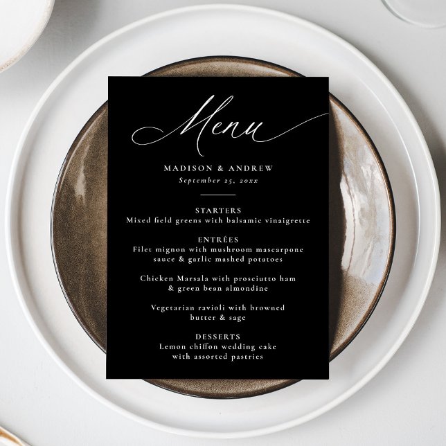 Menu Casamento Moderno Elegante com Caligrafia em Preto (Criador carregado)
