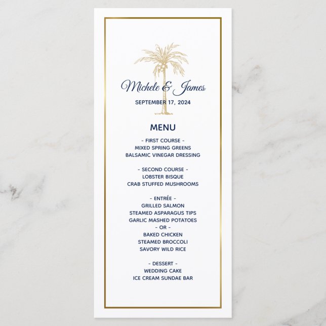 Menu Casamento Moderno Elegante com Palmeira em Azul Ma (Frente)