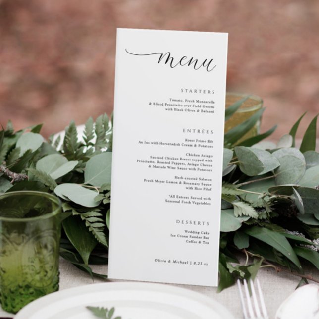 Menu Casamento Moderno Elegante Jantar à Direita (Elegant modern wedding menu with a trendy script. Classy and simple wedding menus.)