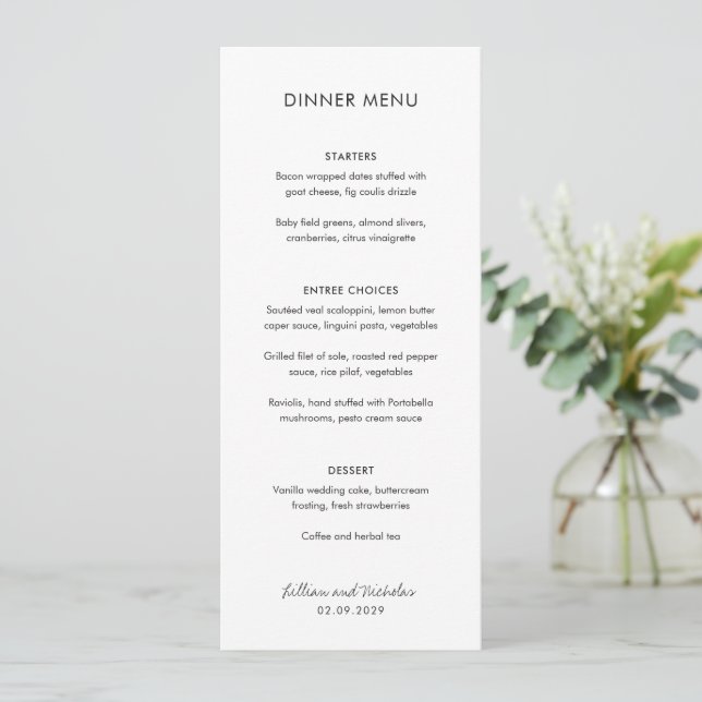 Menu Casamento Moderno Elegante Negro e Branco (Em pé/Frente)
