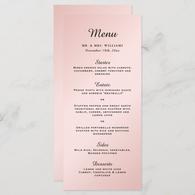 Menu Casamento Moderno Elegante Preto-Rosa Esbranquiçad (Frente/Verso)