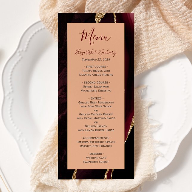 Menu Casamento Moderno em Ágata Dourada Burgundy e Pêss (Criador carregado)