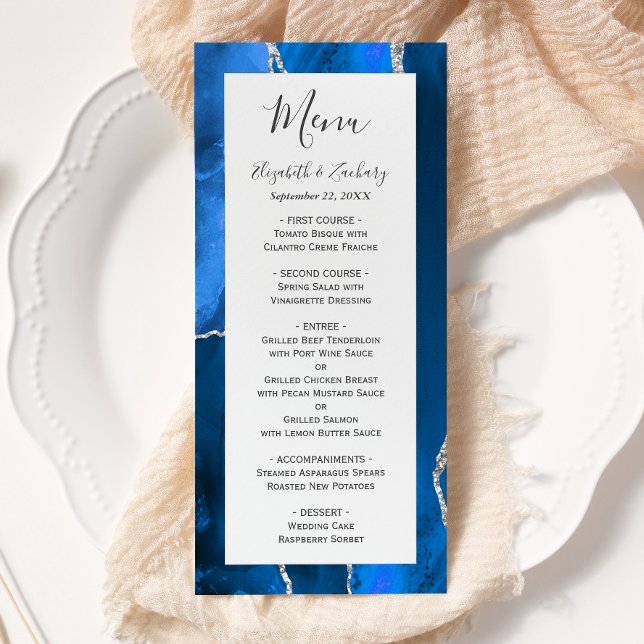 Menu Casamento Moderno em Azul Real com Ágata Prateada (Criador carregado)