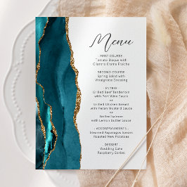 Menu Casamento Moderno em Azul Verde Dourado Ágata Rote