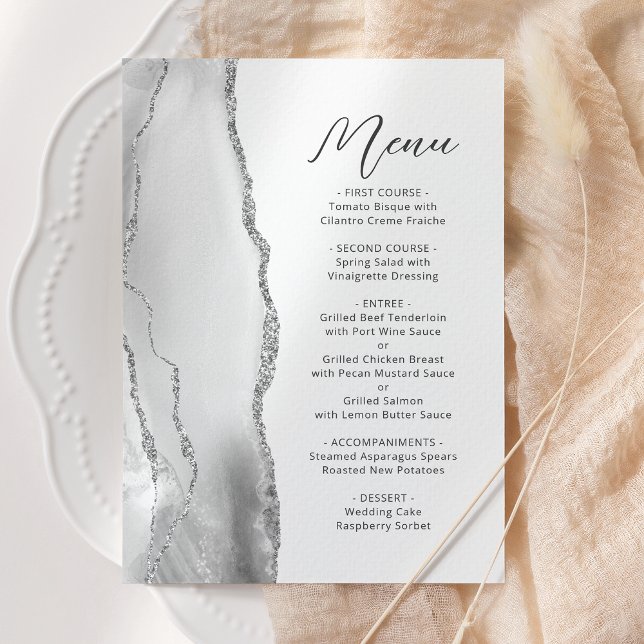 Menu Casamento Moderno em Cinza Ágata Branco Prata Scri (Criador carregado)