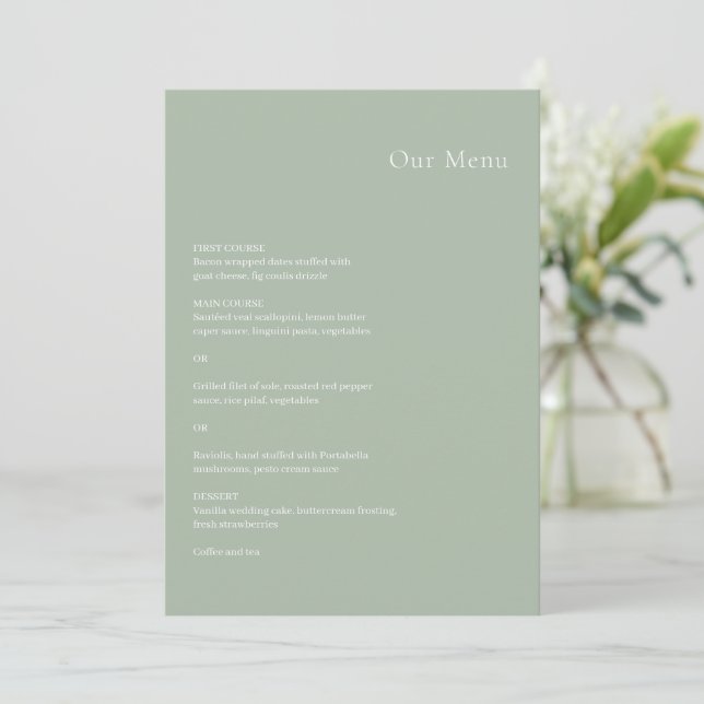 Menu Casamento Moderno em Verde Sálvia Elegante (Em pé/Frente)