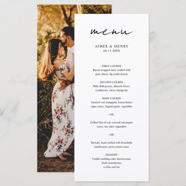 Menu Casamento Moderno Foto Script Rústico (Frente/Verso)