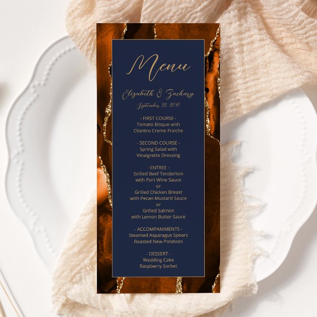 Menu Casamento Moderno Laranja Queimada Ágata Azul Mari (Criador carregado)