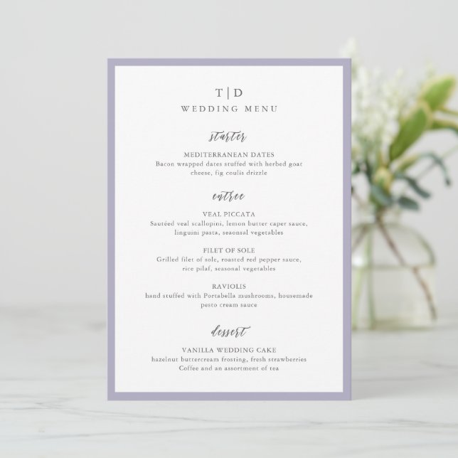 Menu Casamento Moderno Lilac Monograma Elegante (Em pé/Frente)