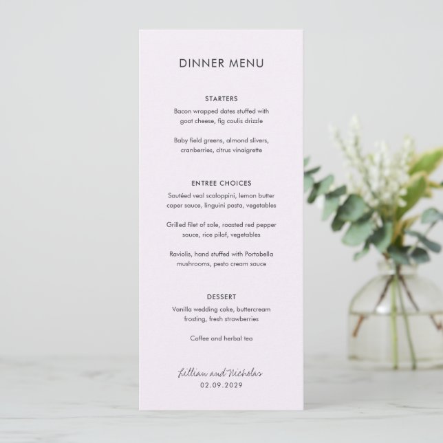 Menu Casamento Moderno Lilás Elegante (Em pé/Frente)