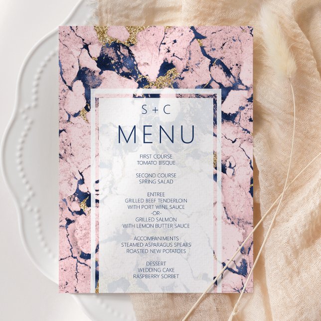 Menu Casamento Moderno Mármore Azul Bege Dourado (Criador carregado)