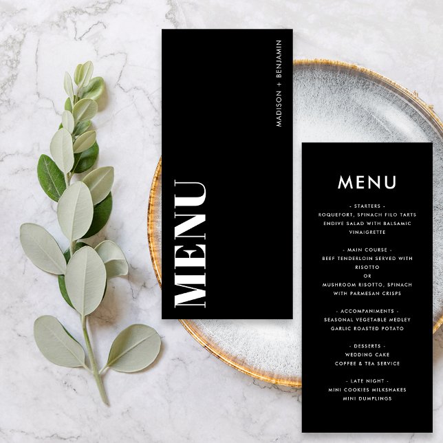 Menu Casamento Moderno Minimalista Preto e Branco Ousad (Front / Back)