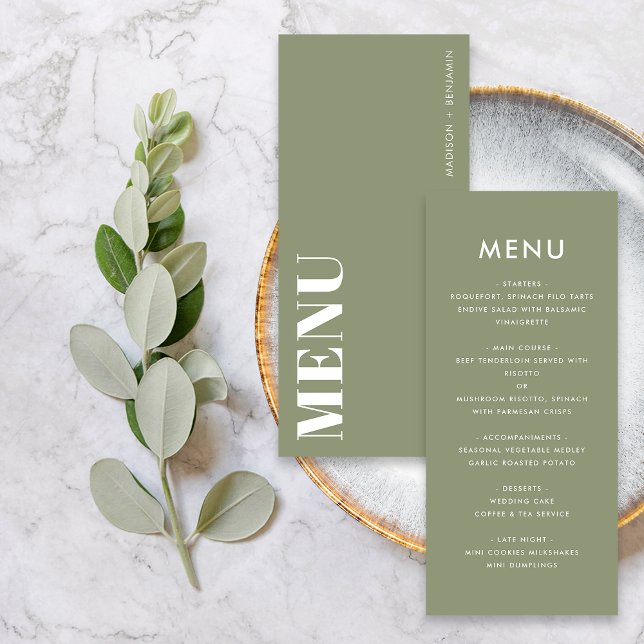 Menu Casamento Moderno Ousado em Verde Sage Minimalista (Front / Back)