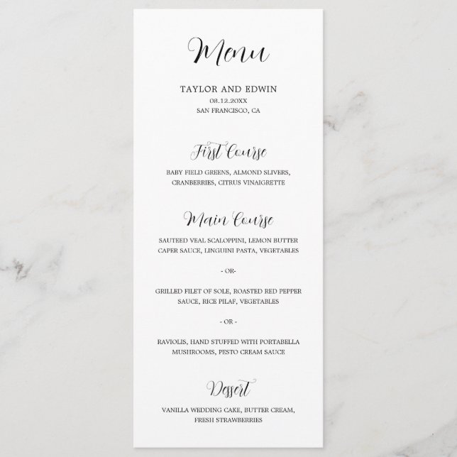 Menu Casamento Moderno Preto e Branco Minimalista (Frente)
