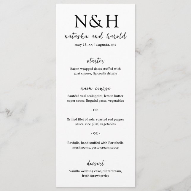 Menu Casamento Moderno Preto e Branco Monograma em Negr (Frente)