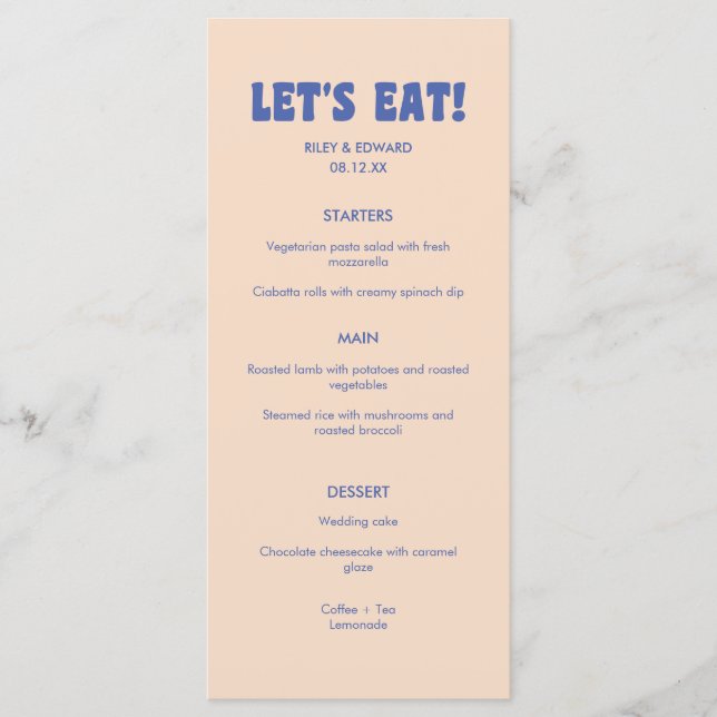 Menu Casamento Moderno Retro Azul e Bege 'Vamos Comer!' (Frente)