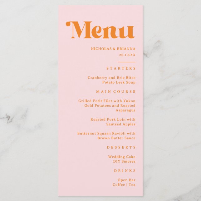 Menu Casamento Moderno Retro Rosa e Laranja (Frente)