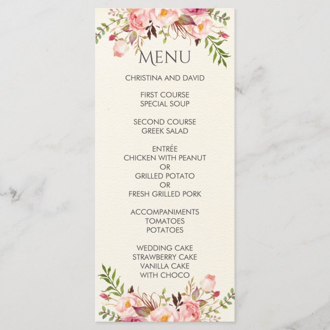Menu Casamento Moderno Romântico de Watercolor Floral B (Frente)
