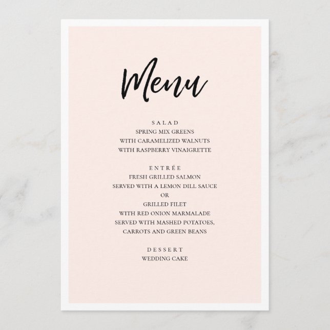 Menu Casamento moderno rosa. Mínimo simples de blush (Frente)