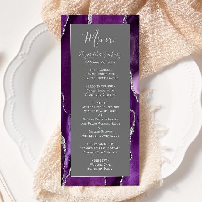Menu Casamento Moderno Roxo Prata Ágata Cinza (Criador carregado)