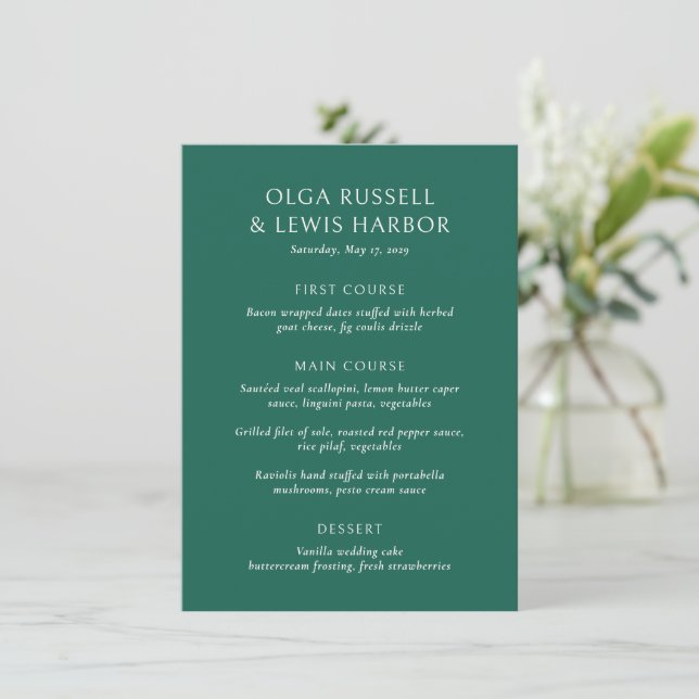 Menu Casamento Moderno Simples Esmeralda Verde (Em pé/Frente)