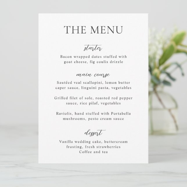 Menu Casamento Moderno Simples Preto e Branco (Em pé/Frente)