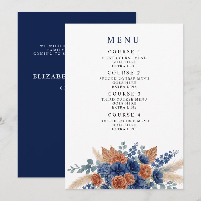 Menu Casamento Moderno Terracota Naval Greenery Pampas (Frente/Verso)