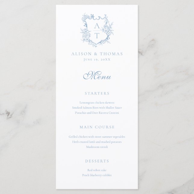 Menu Casamento Monograma Azul Poeirento Crista (Frente)