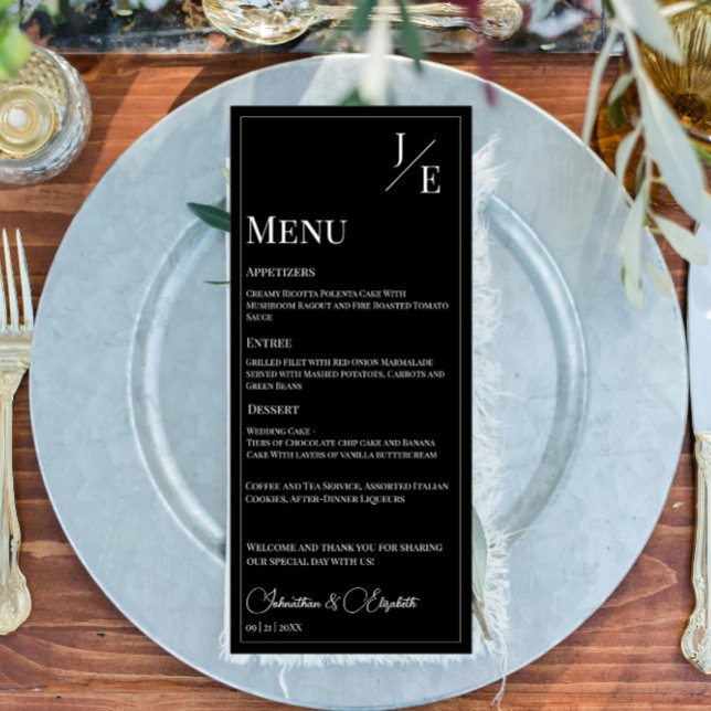 Menu Casamento Monograma Minimalista | Preto (Black Minimalist Monogram Wedding Menu)