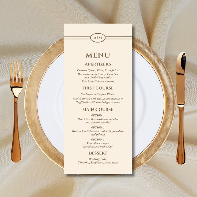Menu Casamento Monograma Moderno de Creme (Criador carregado)