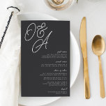 Menu Casamento Monograma Preto e Branco Sobredimen<br><div class="desc">Um belo cartão de cardápio de casamento baseado em tipografia,  a preto e branco,  com suas iniciais em letras de script sobredimensionadas no topo,  em tons de tons para um efeito de marca d'água. Personalize com seus itens de menu embaixo,  alinhados à direita.</div>