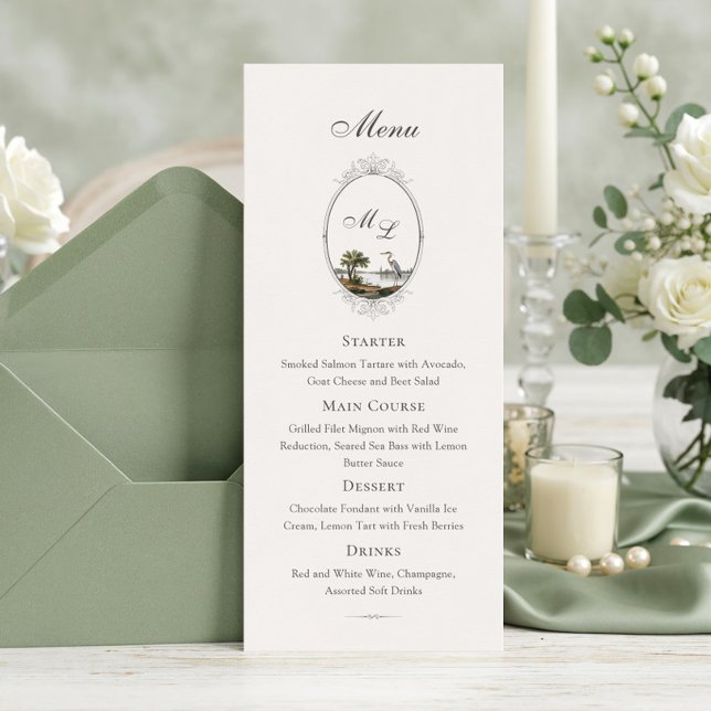 Menu Casamento Monograma Rústico Francês Vintage (Criador carregado)
