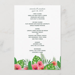 Menu Casamento na Praia com Folhas Tropicais em Aquarel