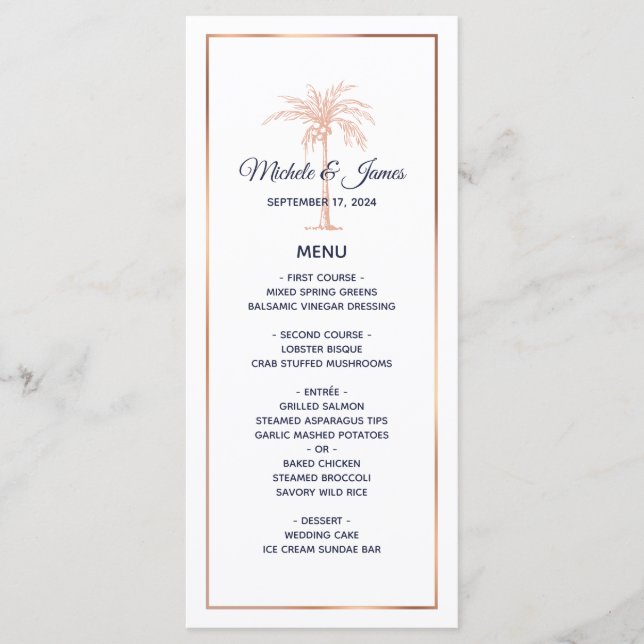 Menu Casamento na Praia com Palmeira em Dourado Rosa da (Frente)