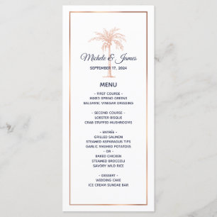 Menu Casamento na Praia com Palmeira em Dourado Rosa da